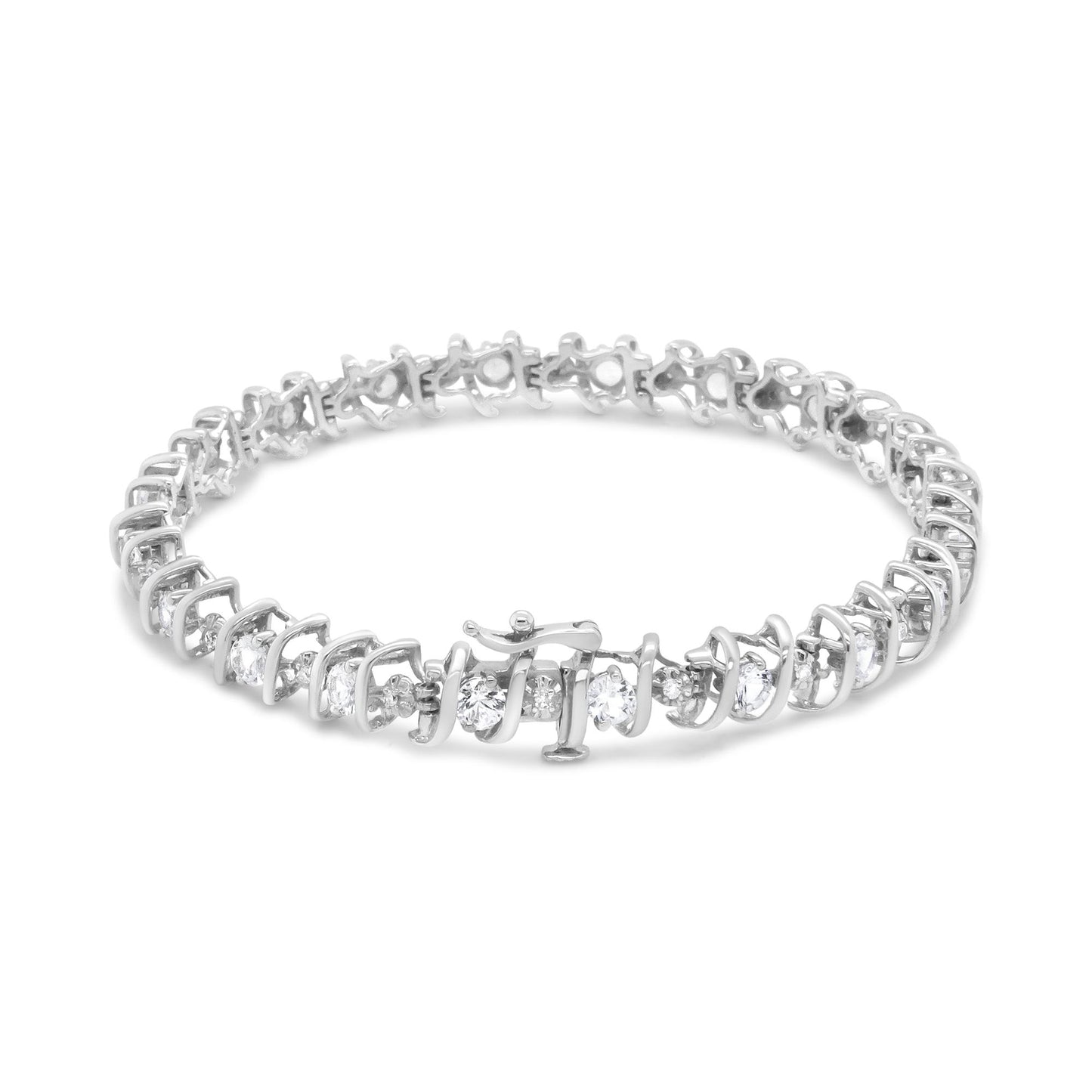 Front angled view of a white metal bracelet featuring alternating round white gemstones and white gemstones in prong settings.