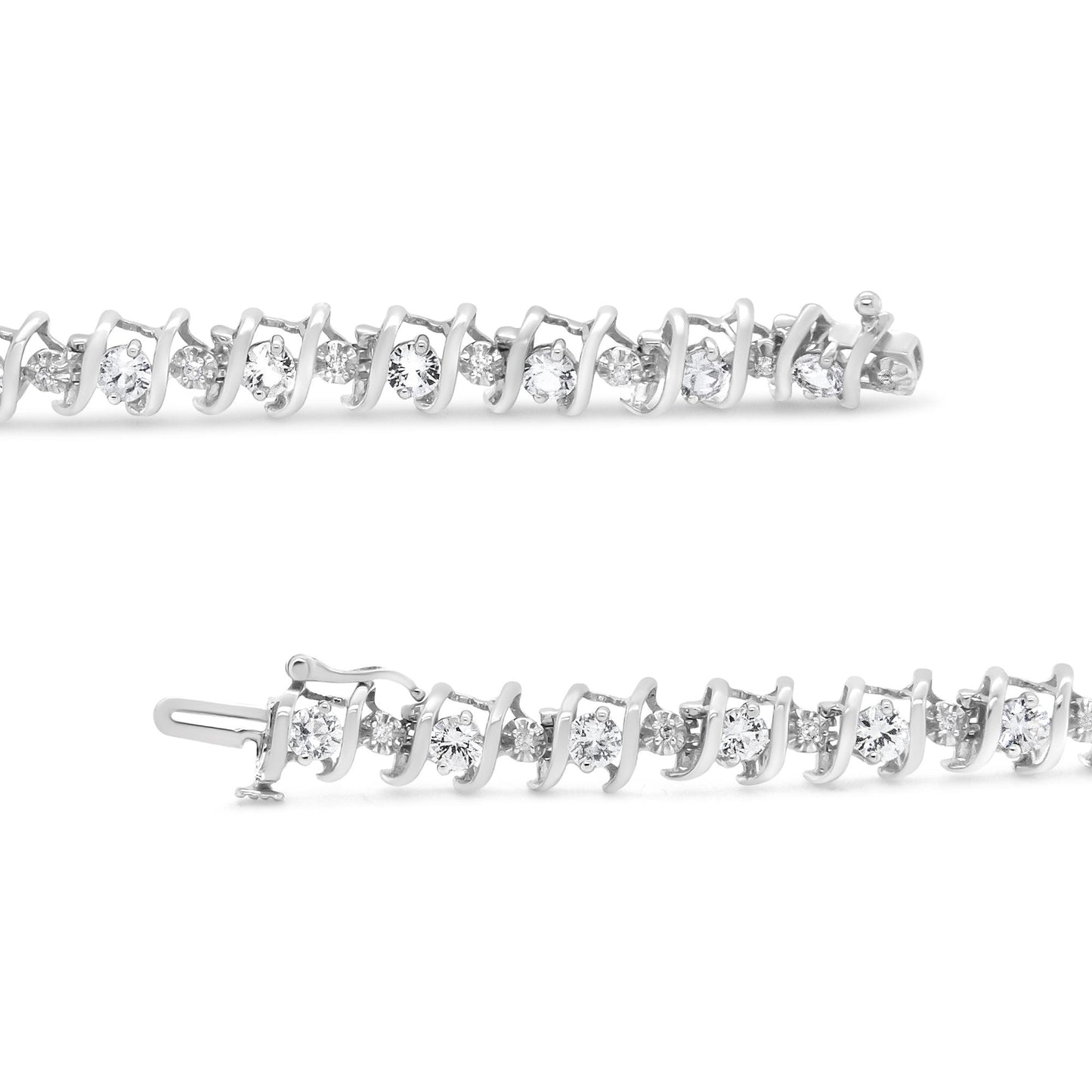 Close-up side view of a white metal bracelet featuring alternating round white gemstones and red gemstones in prong settings, laid flat on a white background.
