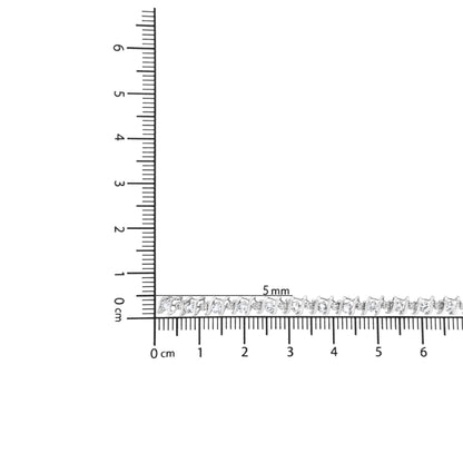 Close-up side angle of a white metal bracelet with alternating round white gemstones and prong settings placed on a ruler for size reference.
