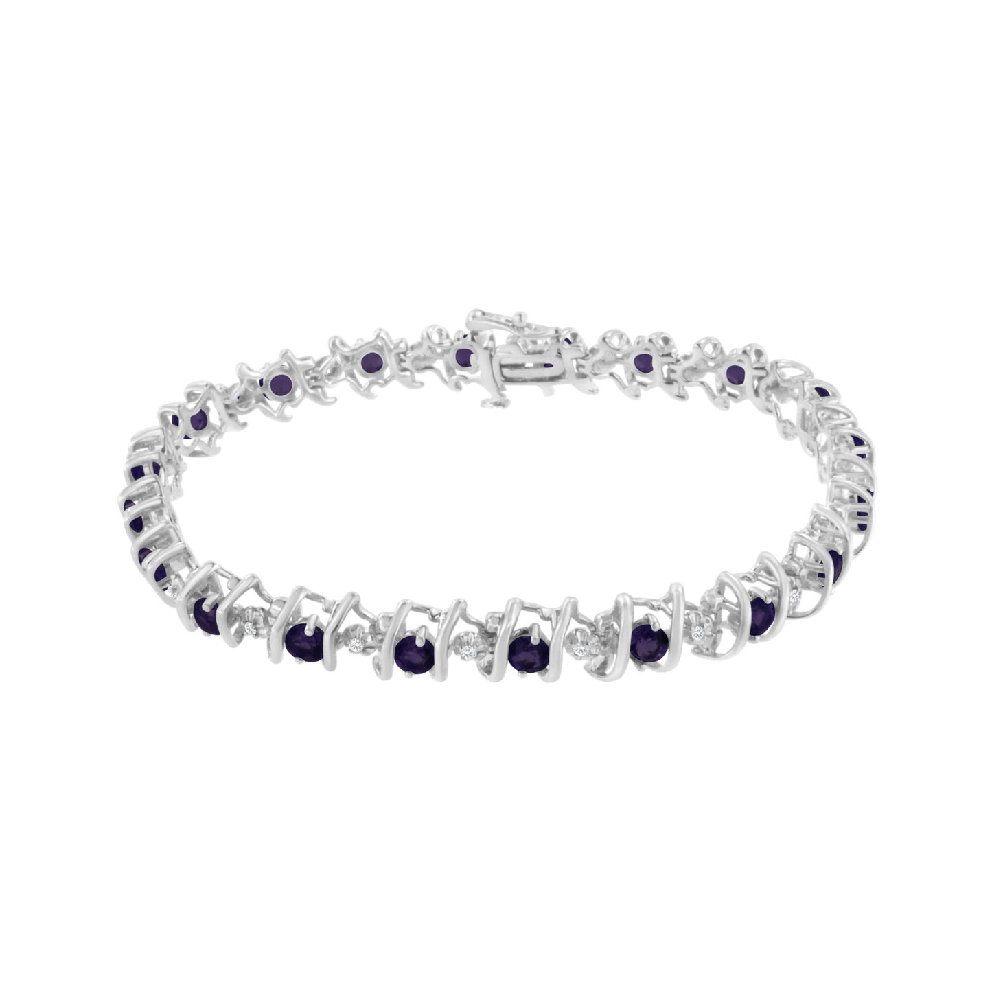 White metal bracelet with alternating round purple and white gemstones in prong settings, shown from a front angle on a white background.