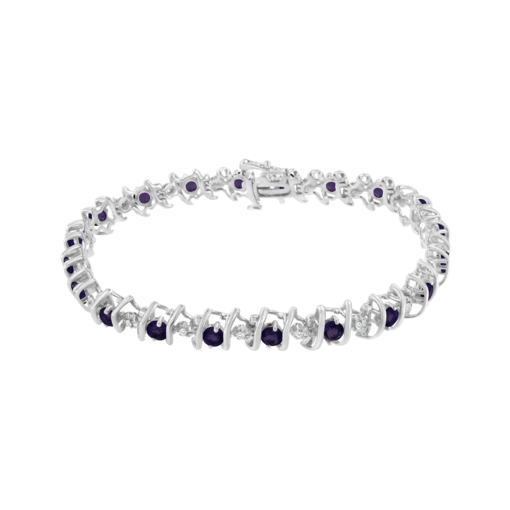 White metal bracelet with alternating round purple and white gemstones in prong settings, shown from a front angle on a white background.