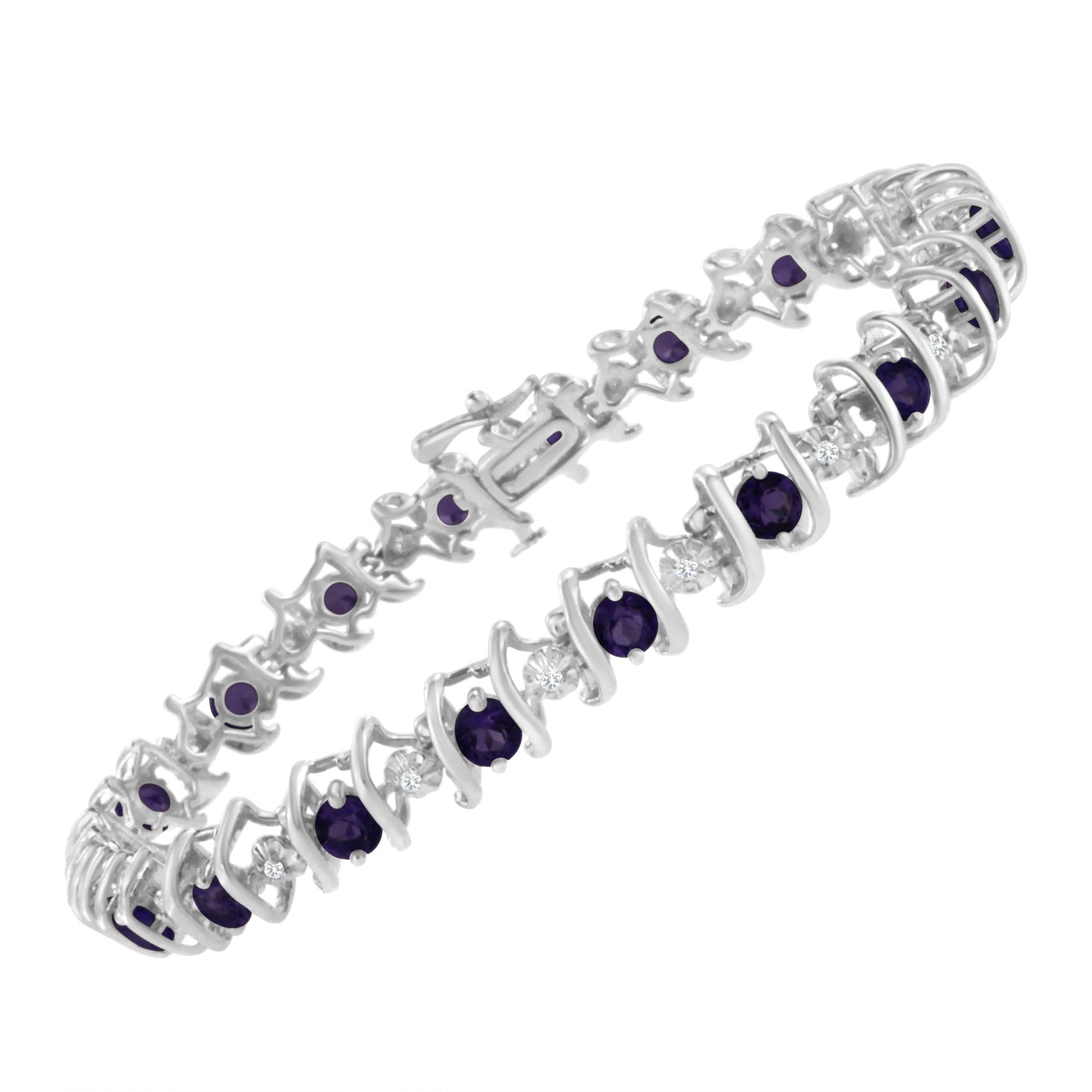 White metal bracelet with alternating round purple gemstones and white gemstones in prong settings, shown at an angled close-up.