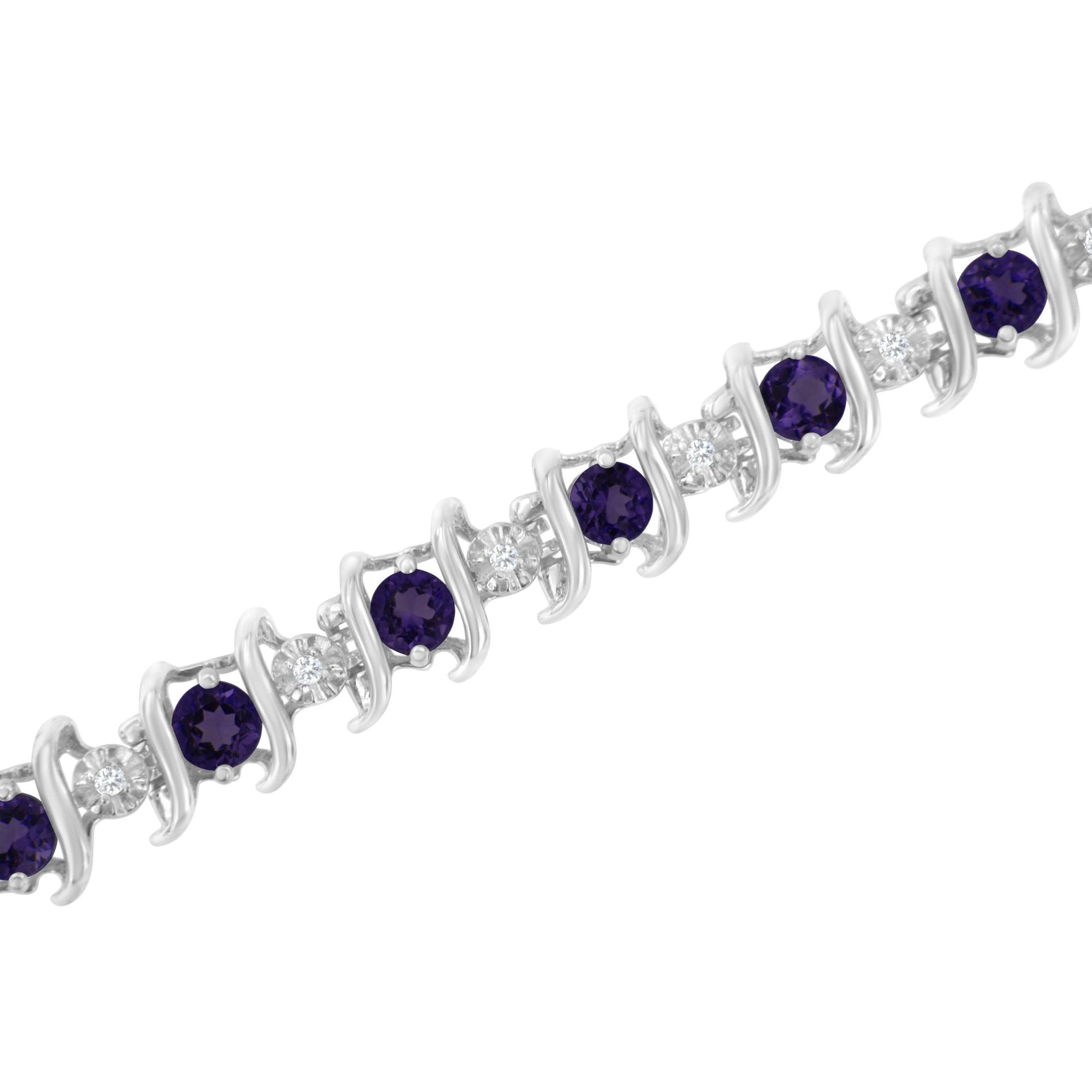 Diagonal close-up of a white metal bracelet featuring alternating round purple and white gemstones in prong settings.