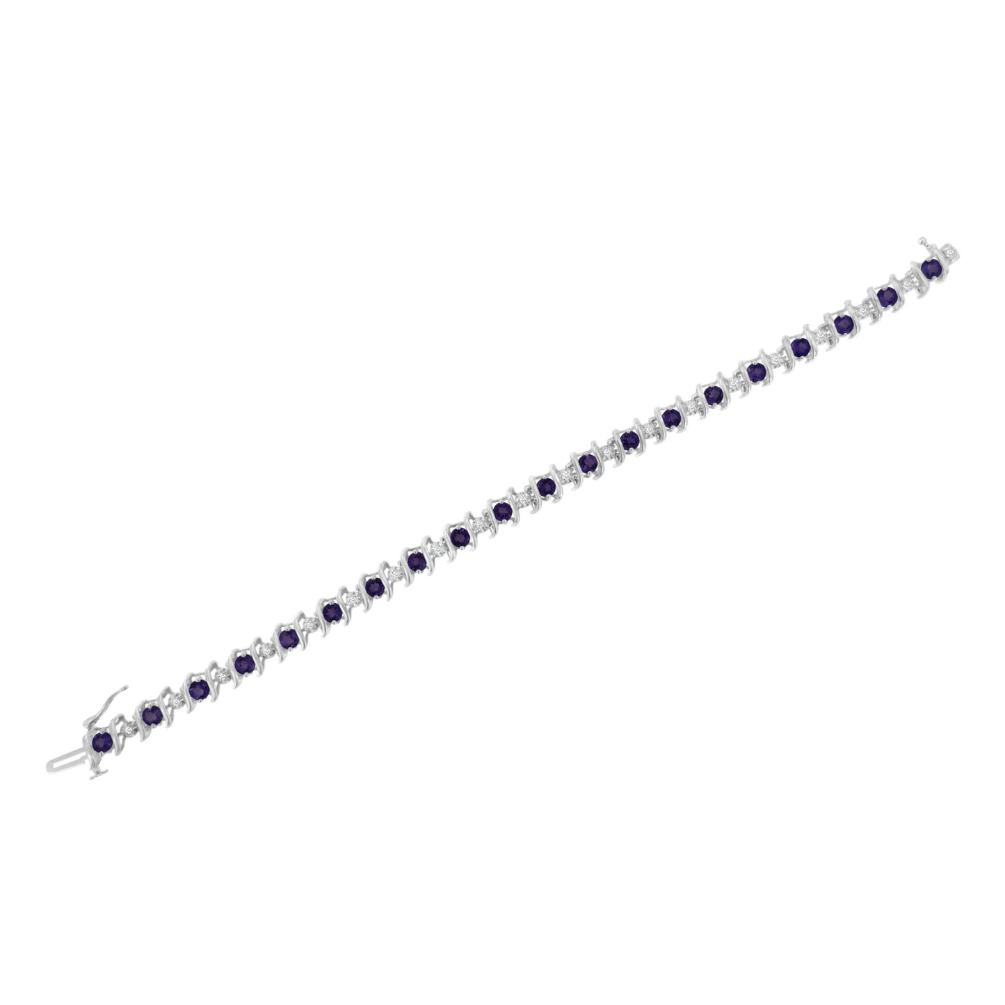 White metal bracelet with alternating round purple and white gemstones in prong settings, shown from a top-down angle on a white background.