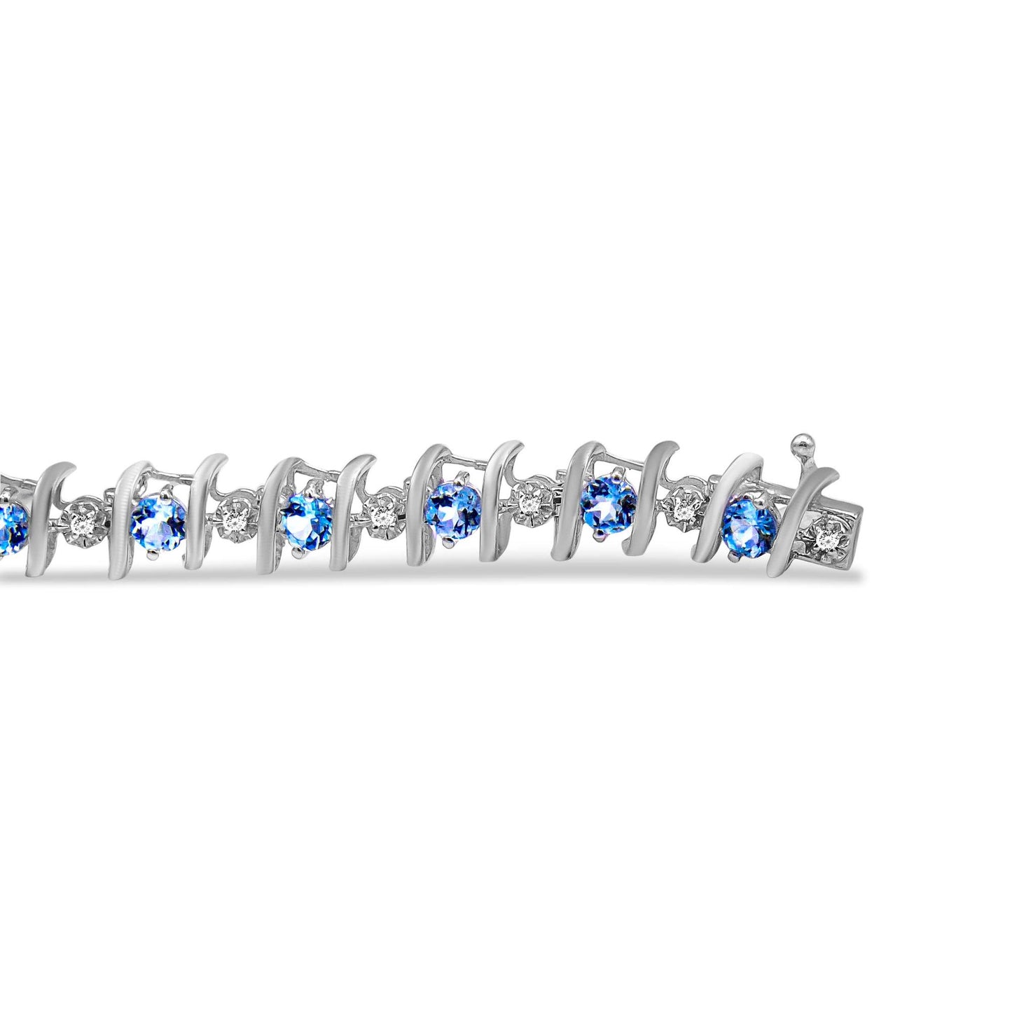 Close-up side angle of a white metal bracelet with alternating round blue and white gemstones in prong settings.