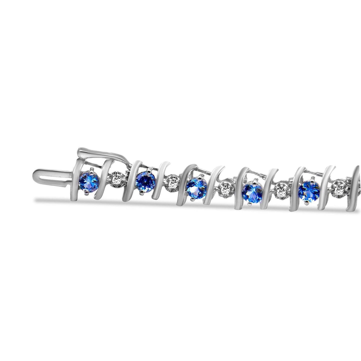 Close-up side angle of a white metal bracelet featuring alternating round blue and white gemstones in prong settings.