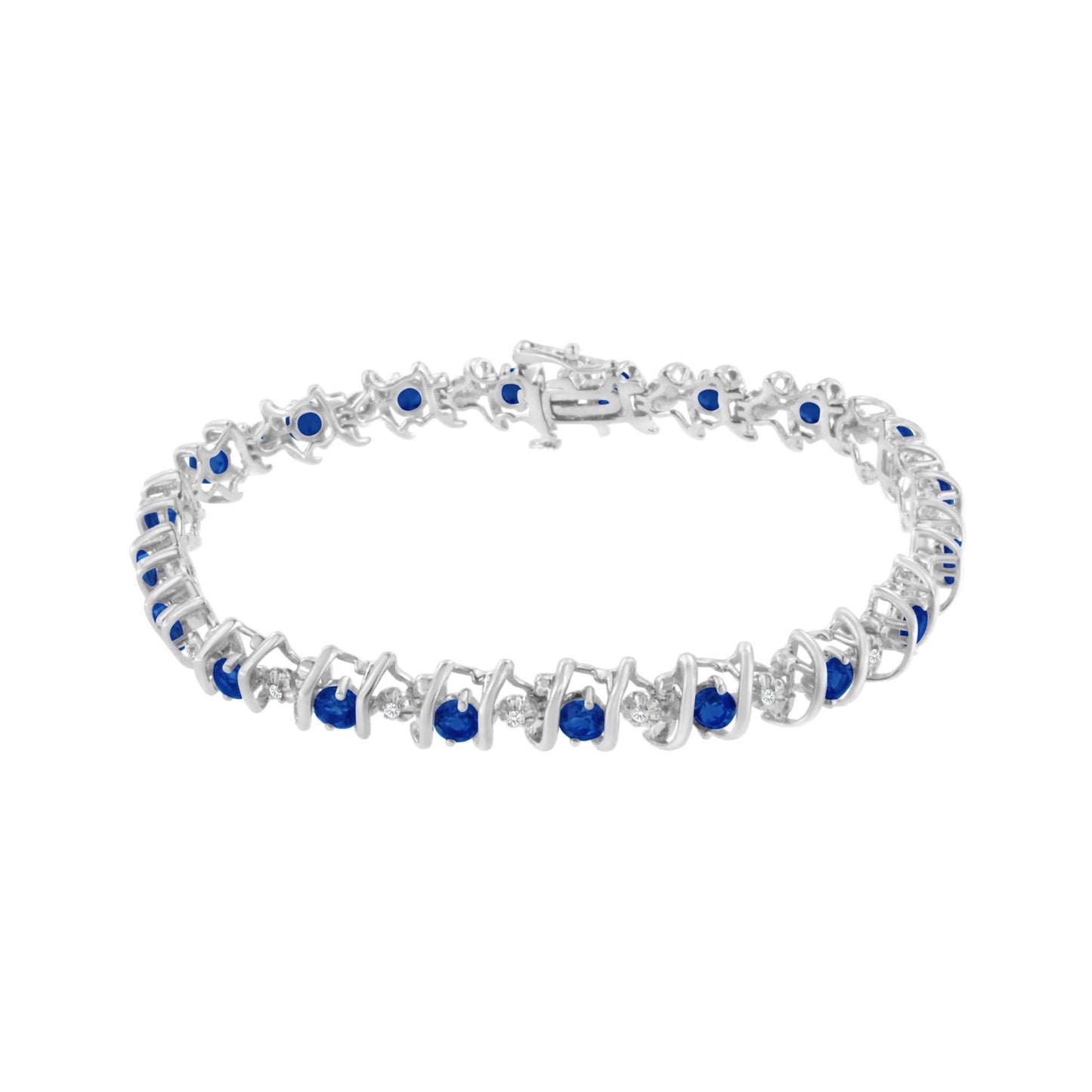White metal bracelet with alternating round blue and white gemstones in prong and miracle settings, shown in a front-facing angle.
