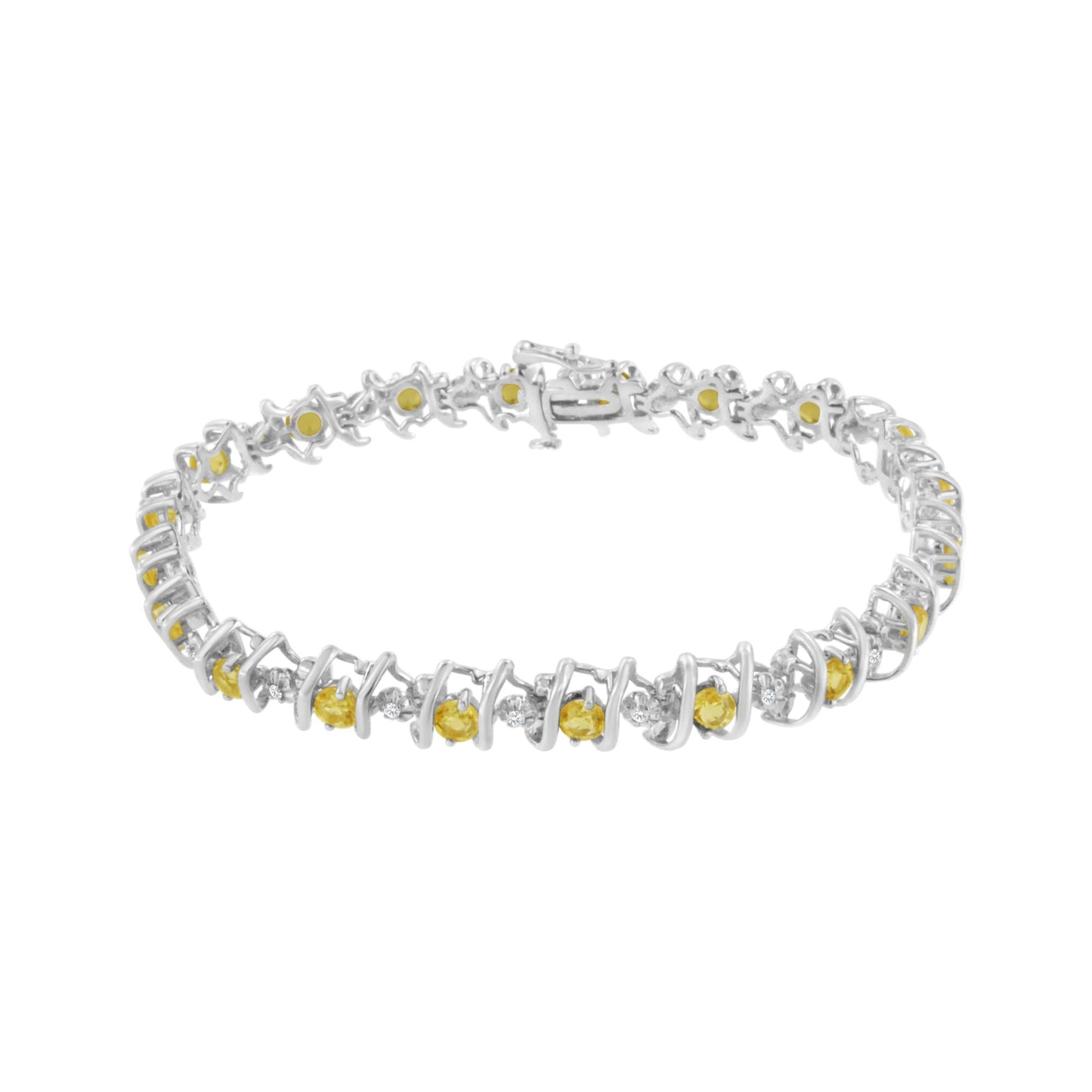 White metal bracelet with alternating round yellow gemstones and white gemstones in prong and miracle settings, shown from a slightly elevated front angle.