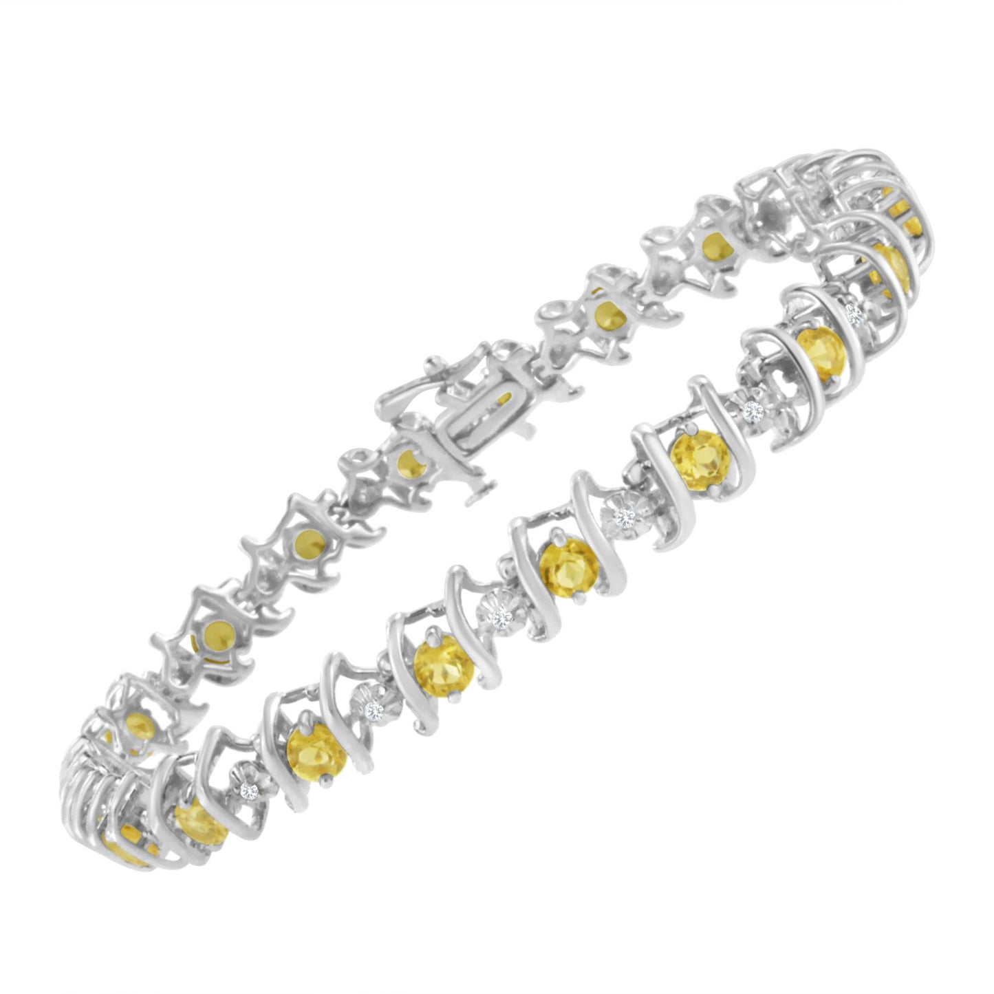 White metal bracelet with alternating round yellow gemstones in prong settings and round white gemstones in miracle settings, shown at an angled top view.