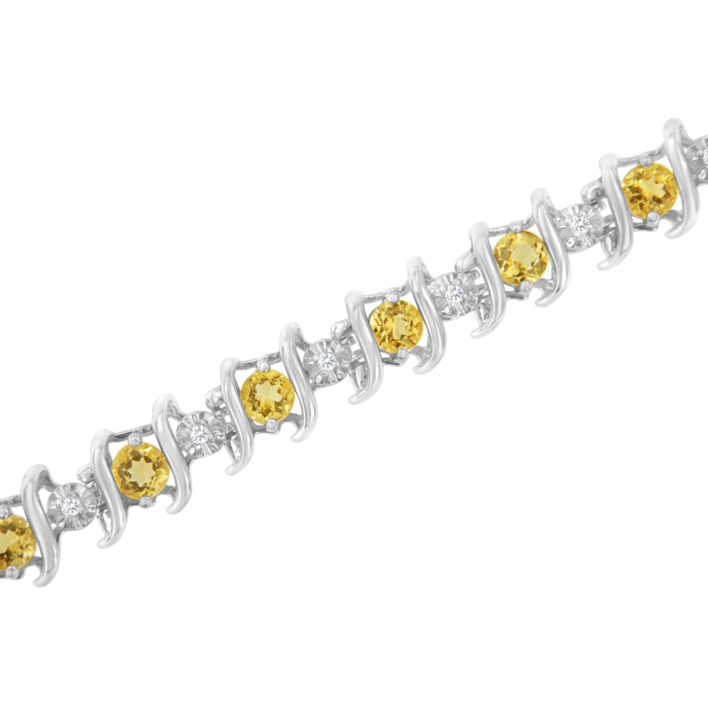 Bracelet with alternating round yellow gemstones in prong settings and round white gemstones in miracle settings on a white metal band, shown in a close-up angled view.