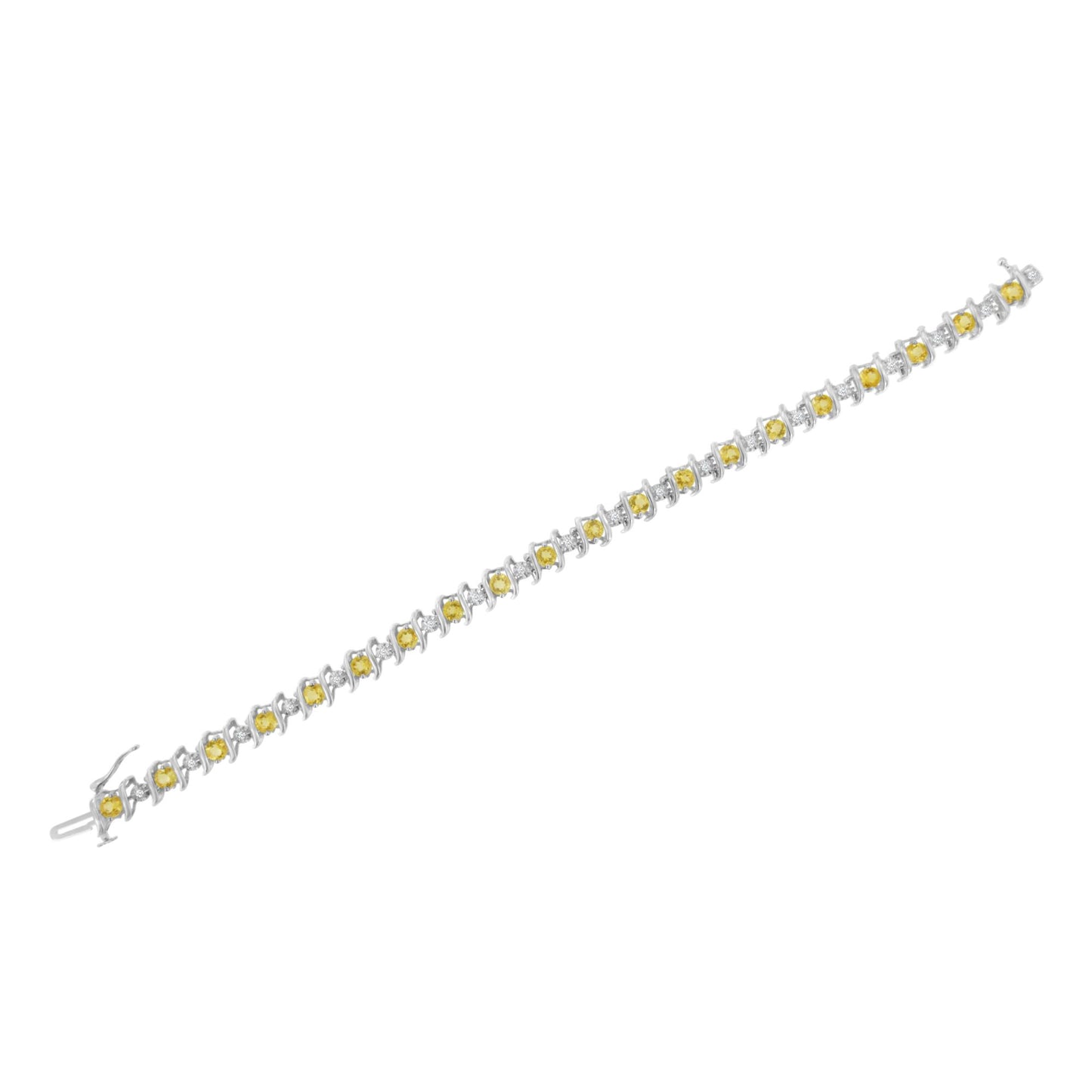 White metal bracelet with alternating round yellow and white gemstones set along its length, shown flat from an angled top-down view.
