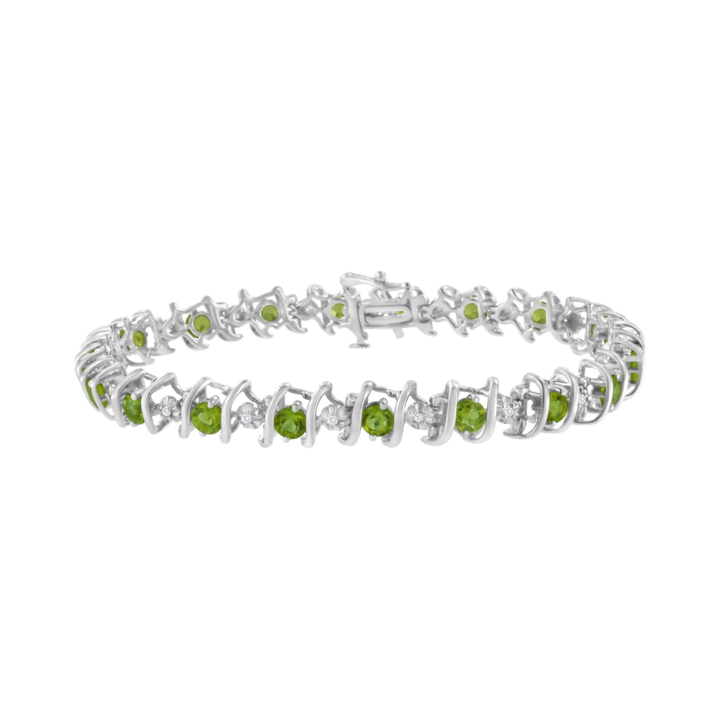 White metal bracelet with alternating round green gemstones and round white gemstones, shown in a front angled view on a white background.