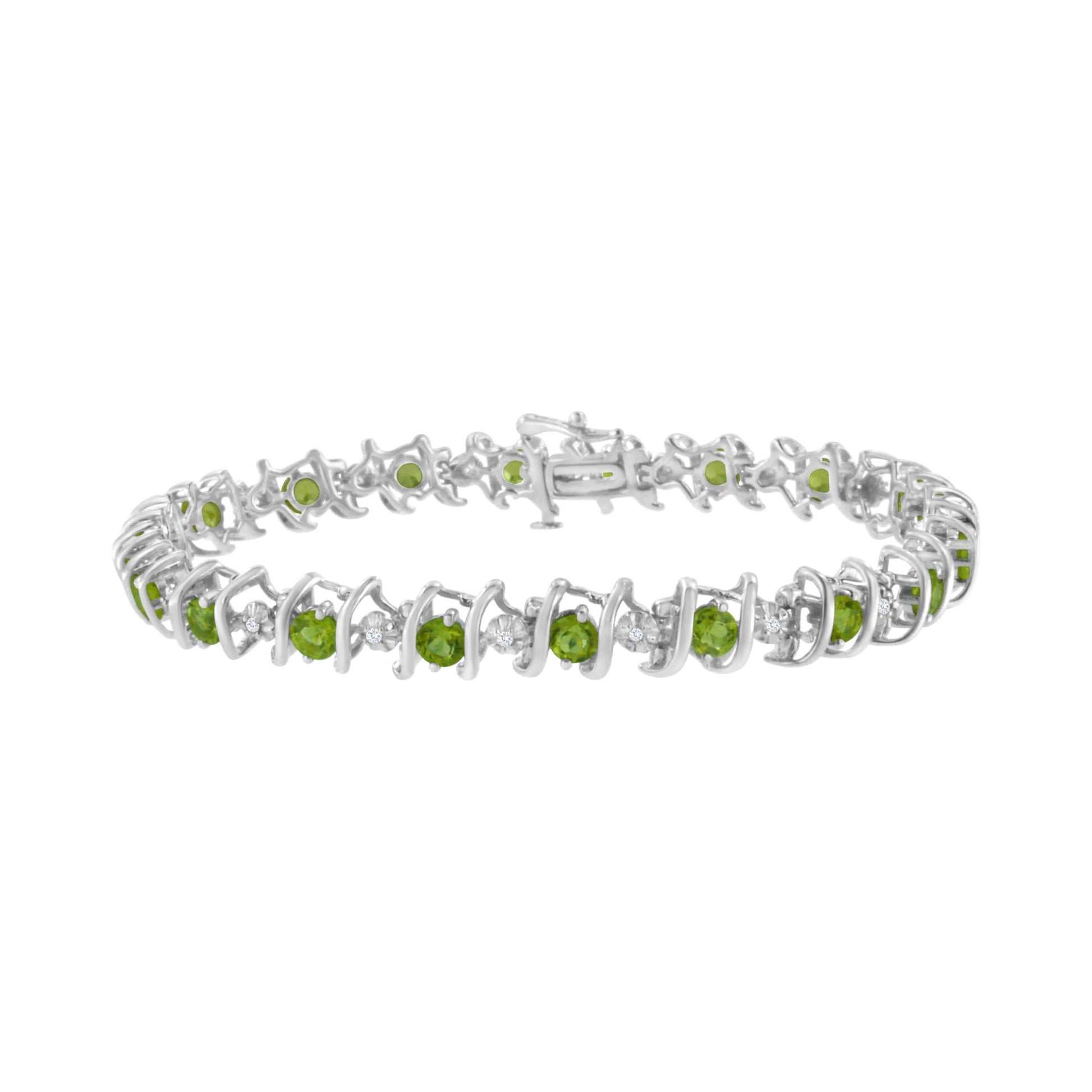 White metal bracelet with alternating round green gemstones and round white gemstones, shown in a front angled view on a white background.