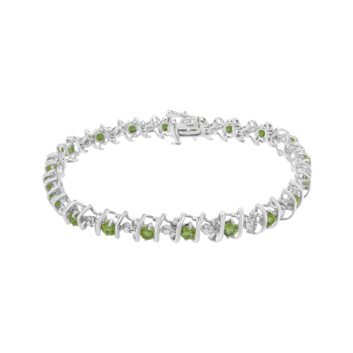 White metal bracelet with alternating round green and white gemstones, shown from a front angle.
