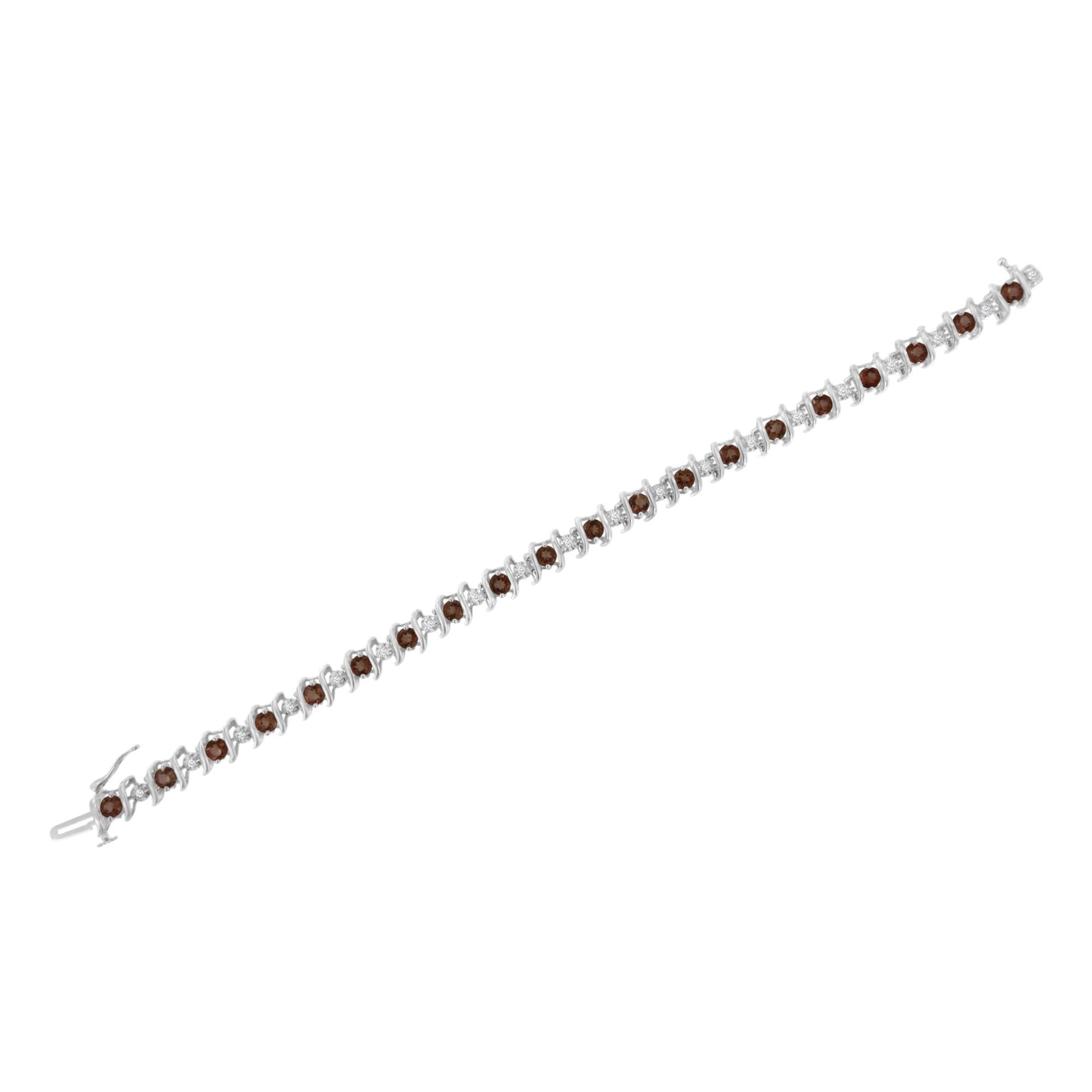 White metal bracelet with alternating round white gemstones in miracle settings and round red gemstones in prong settings, shown in a flat lay angled view.