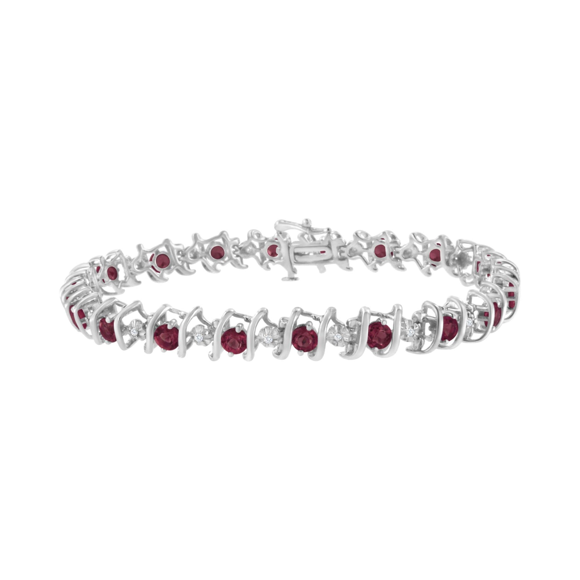White metal bracelet with alternating round red gemstones and round white gemstones in a curved design, shown in a front angled view.