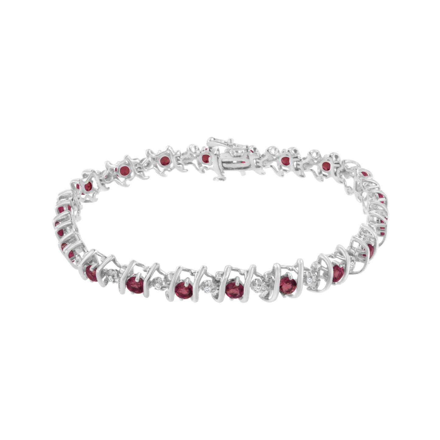 White metal bracelet with alternating round red and white gemstones, shown in a front flat angle.