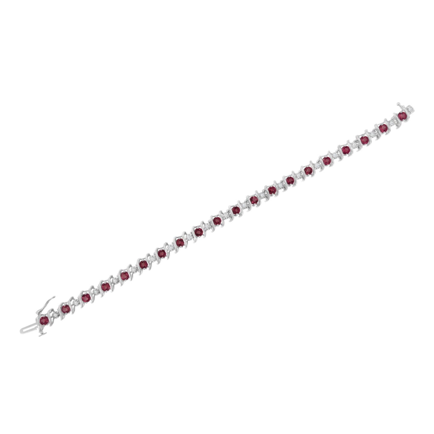 White metal bracelet with alternating round red gemstones in prong settings and round white gemstones in miracle settings, shown at an angle on a white background.