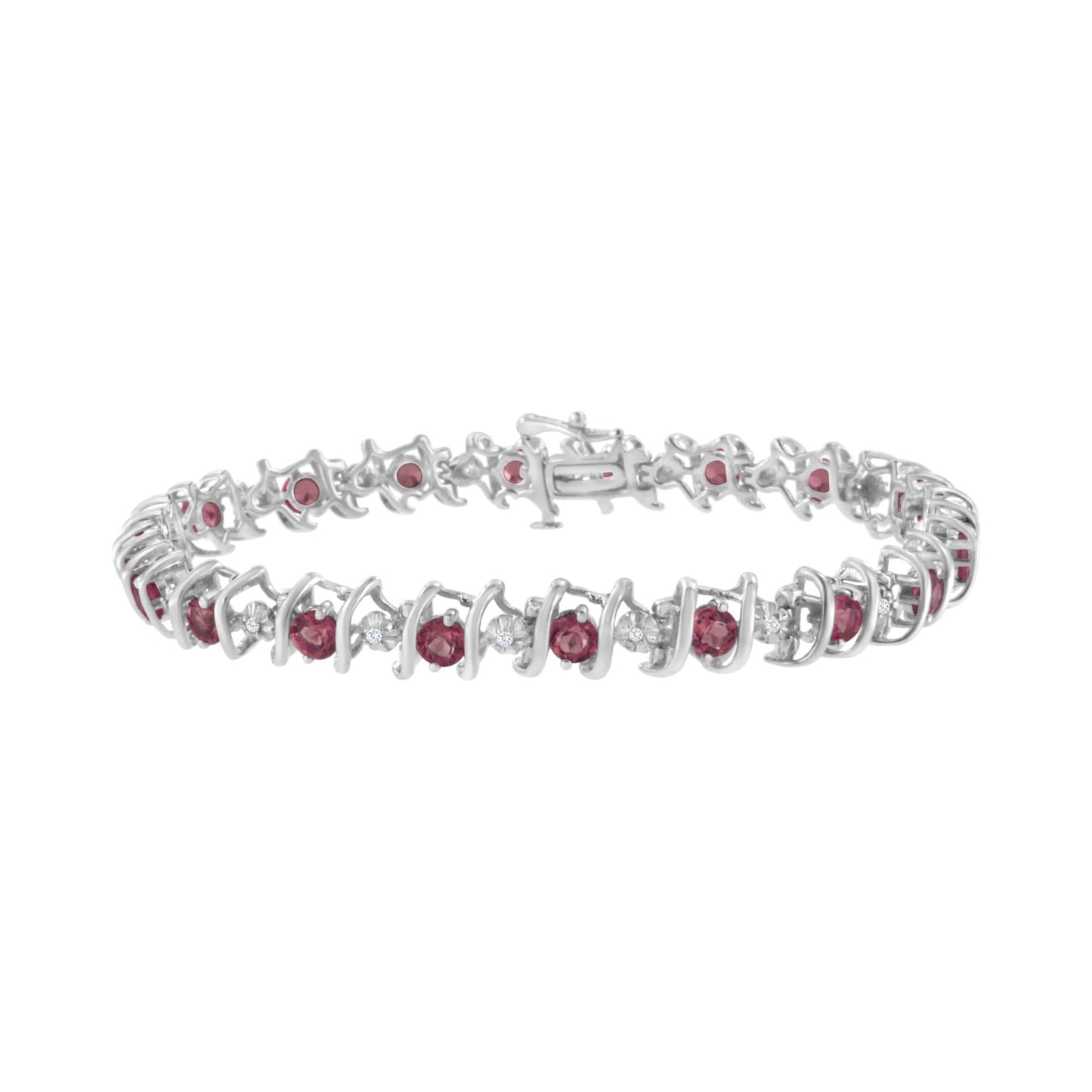 White metal bracelet with alternating round pink gemstones and white gemstones in prong settings, shown from a side angle.