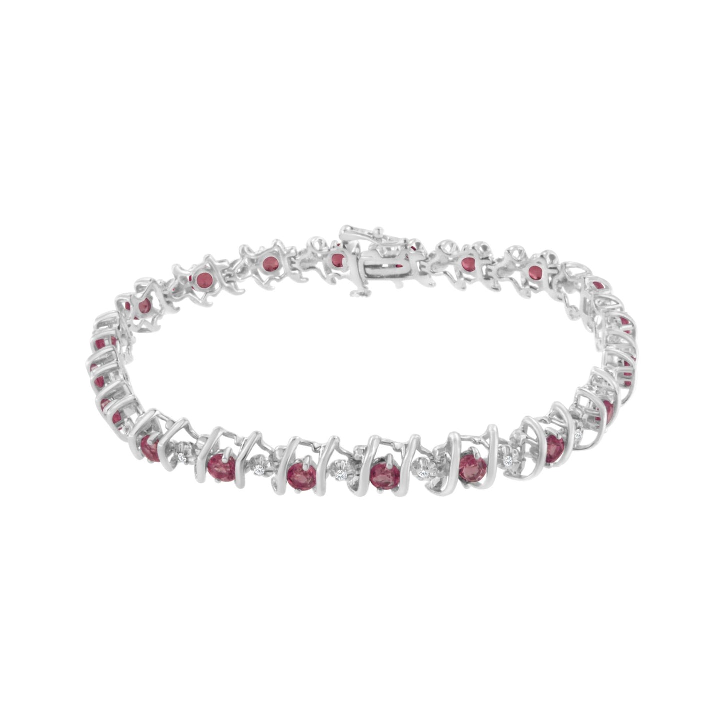 White metal bracelet with alternating round pink and white gemstones in prong settings, shown from a slightly angled top view.