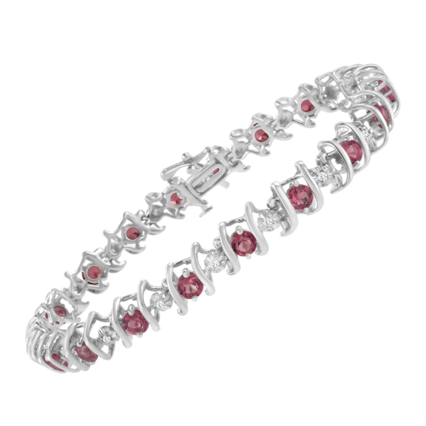 Angled close-up of a white metal bracelet featuring alternating round pink and white gemstones in prong settings.
