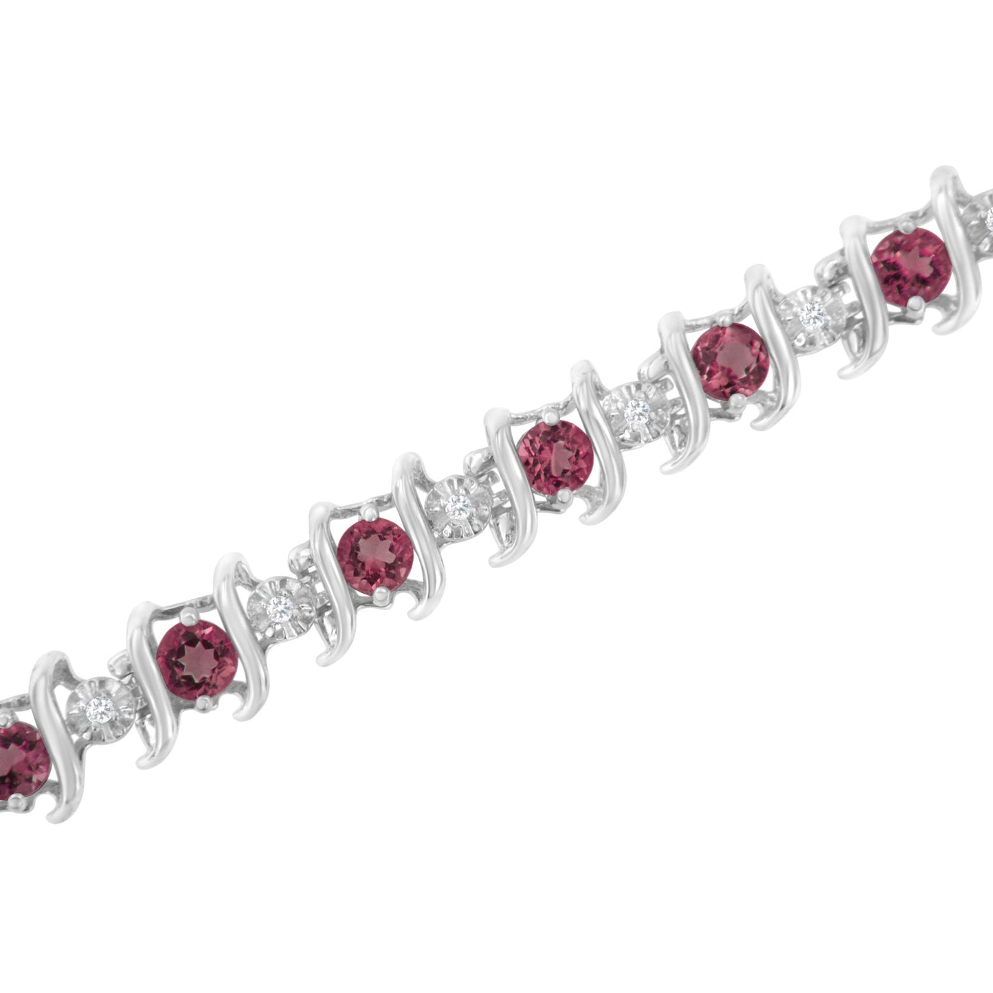 Close-up, angled view of a white metal bracelet with alternating round pink and white gemstones in prong settings.