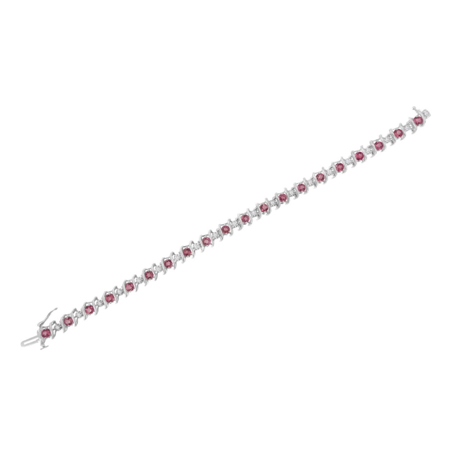 White metal bracelet with alternating round pink and white gemstones set in prong settings, shown from a top-down angle.