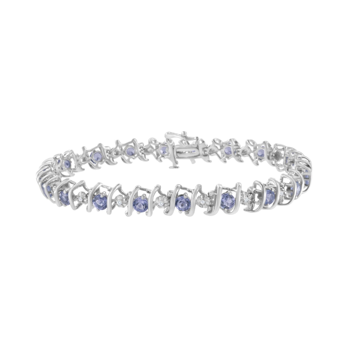 White metal bracelet with alternating round blue and white gemstones in prong and miracle settings, shown in a close-up front angle.