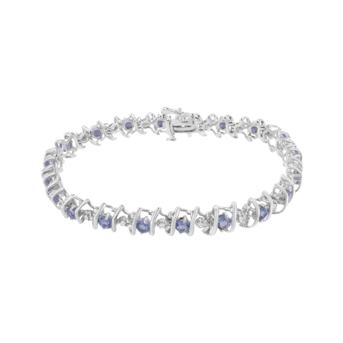 White metal bracelet with alternating round blue and white gemstones, shown from a front angle.