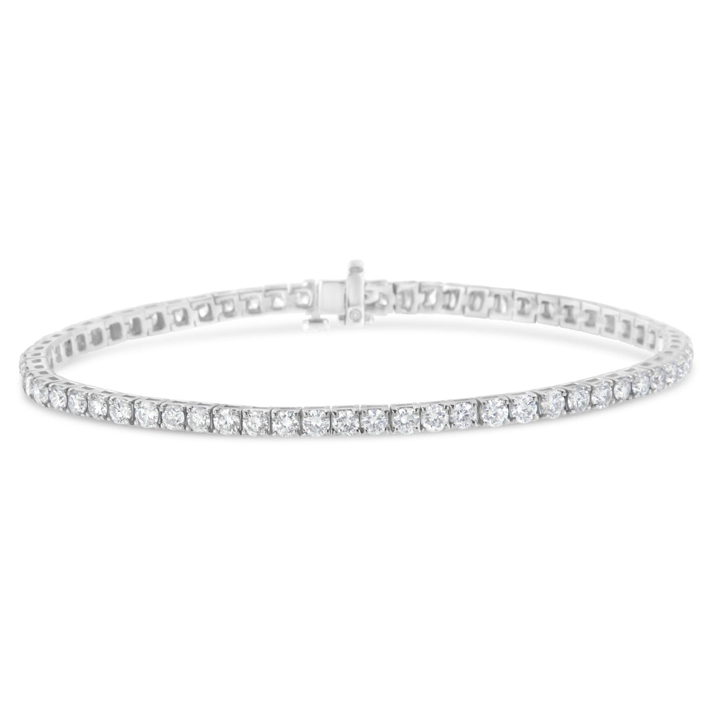 White metal tennis bracelet with round white gemstones in prong settings, shown from a slightly angled front view.