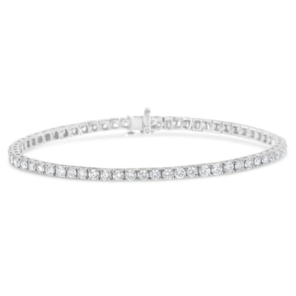 White metal tennis bracelet with round white gemstones in prong settings, shown from a slightly angled front view.