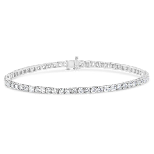 White metal tennis bracelet with round white gemstones in prong settings, shown from a slightly angled front view.