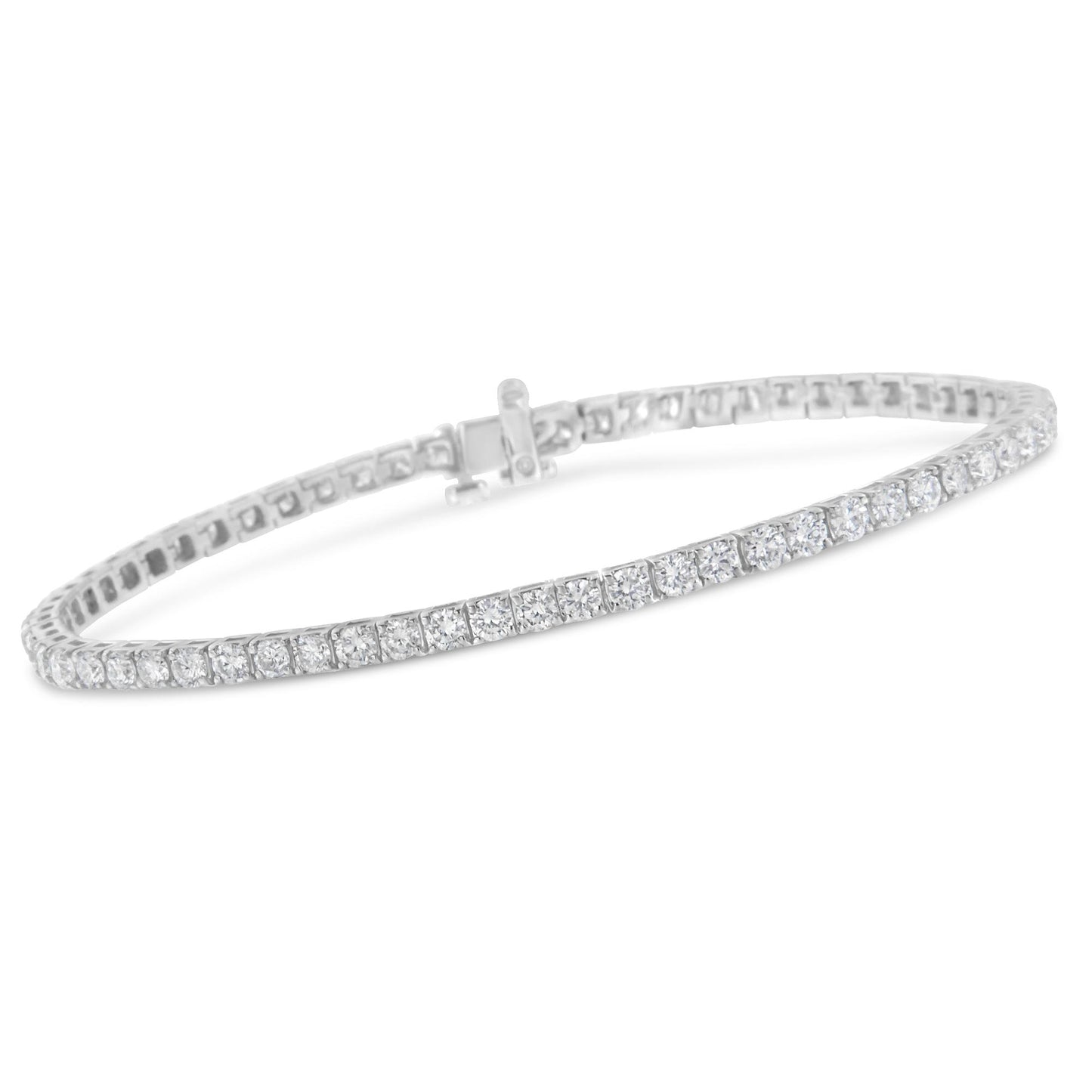 White metal bracelet with a continuous row of round white gemstones in prong settings, shown at a slight angle.