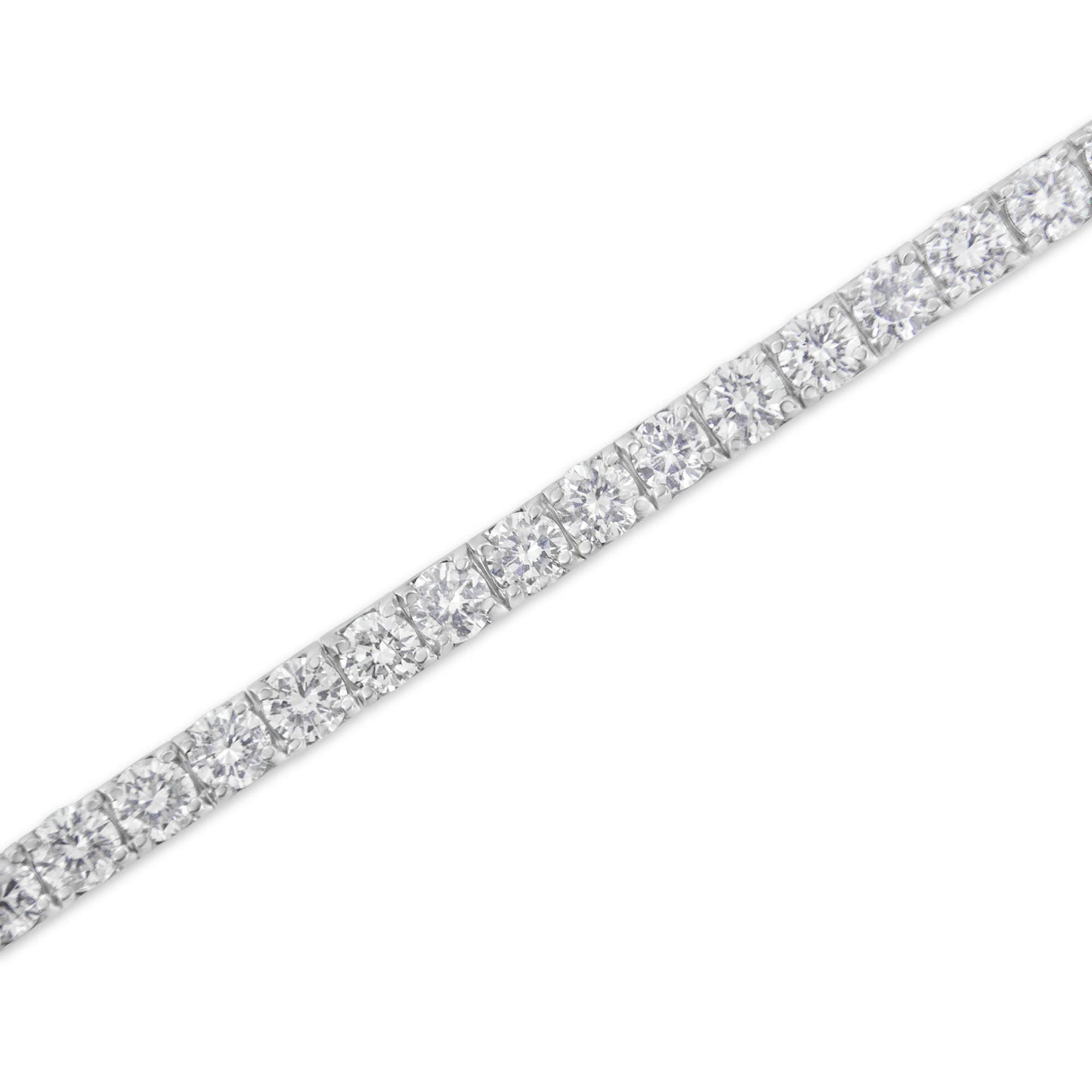 Close-up angled view of a white metal bracelet featuring a row of round white gemstones in prong settings.