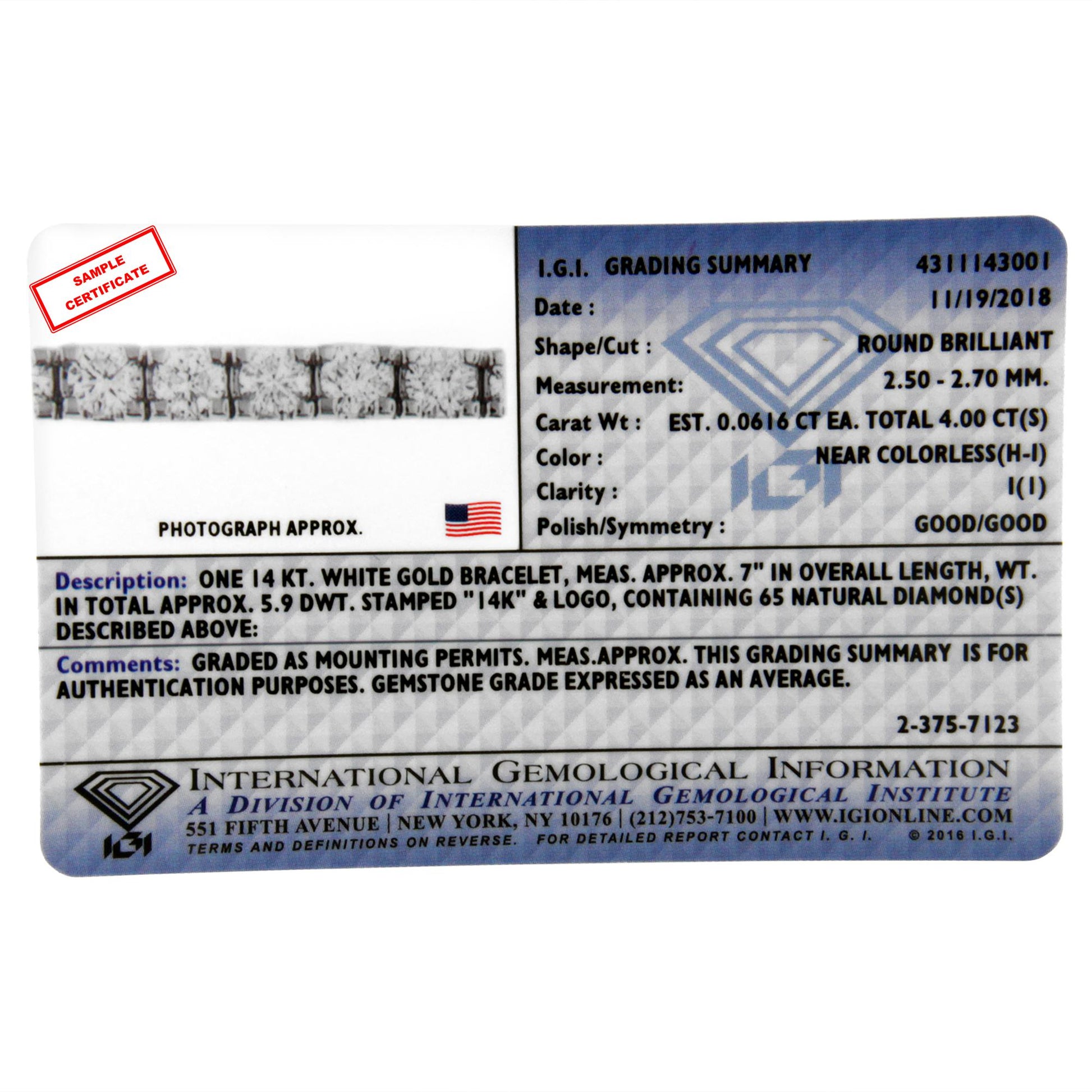 Alt text not applicable as the image shows a grading certificate with a small image of a bracelet, not the bracelet itself.