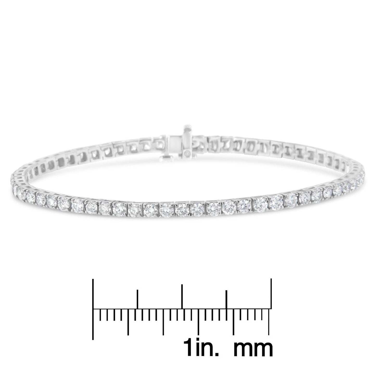 White metal bracelet with round white gemstones in prong settings, shown in a front-facing angle above a ruler for size reference.