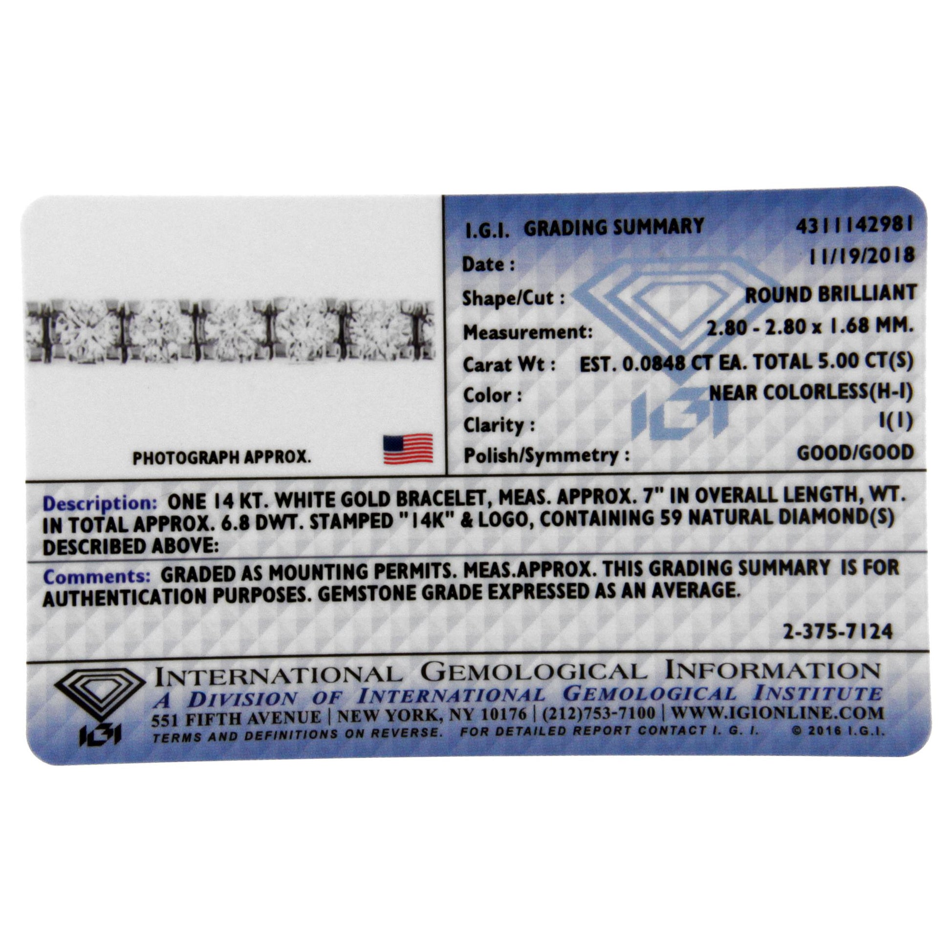 Image of a white bracelet with round white gemstones in a prong setting, shown from a front close-up angle on a grading summary card.