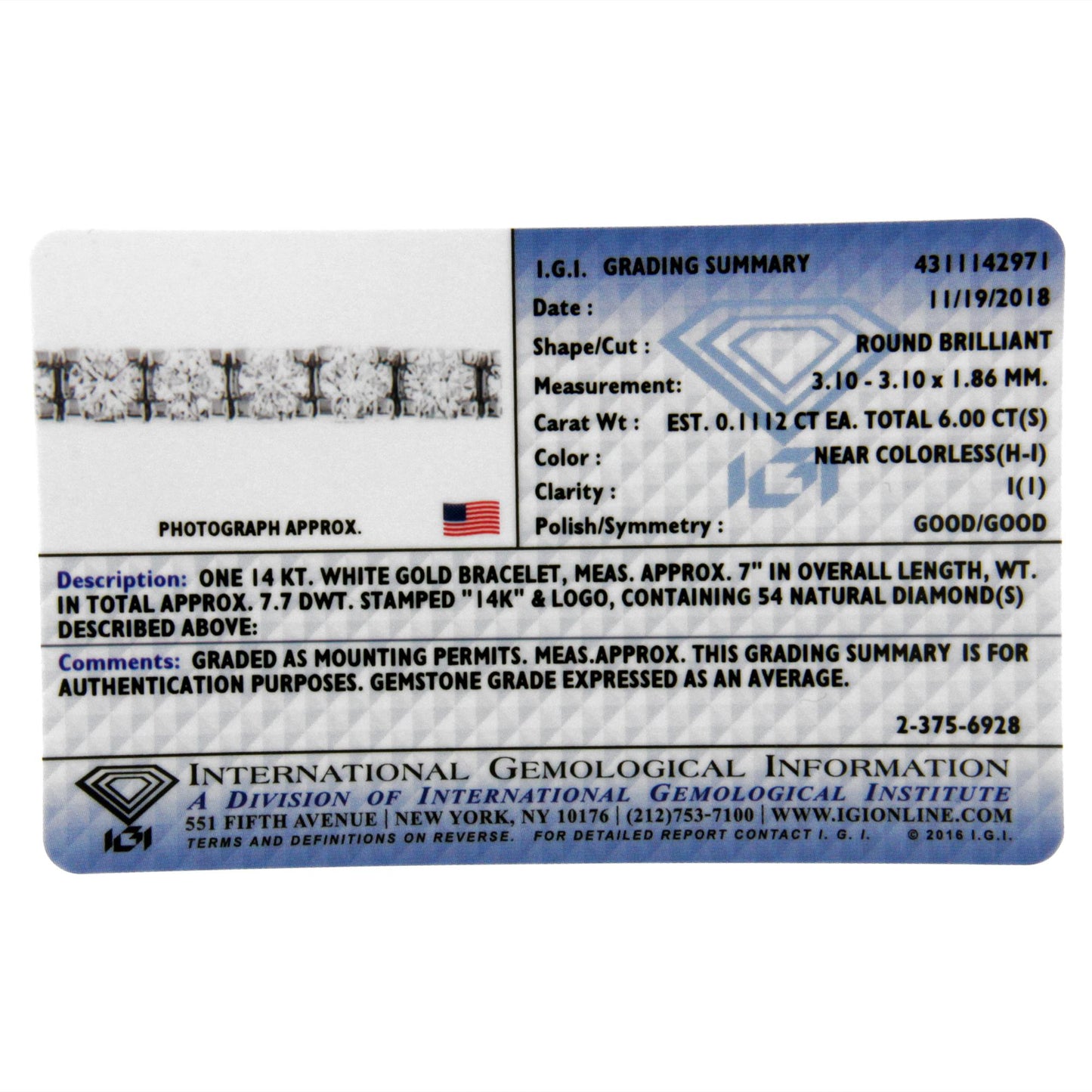 Close-up front angle of a white bracelet featuring round white gemstones in prong settings. The bracelet is shown on a certification card.