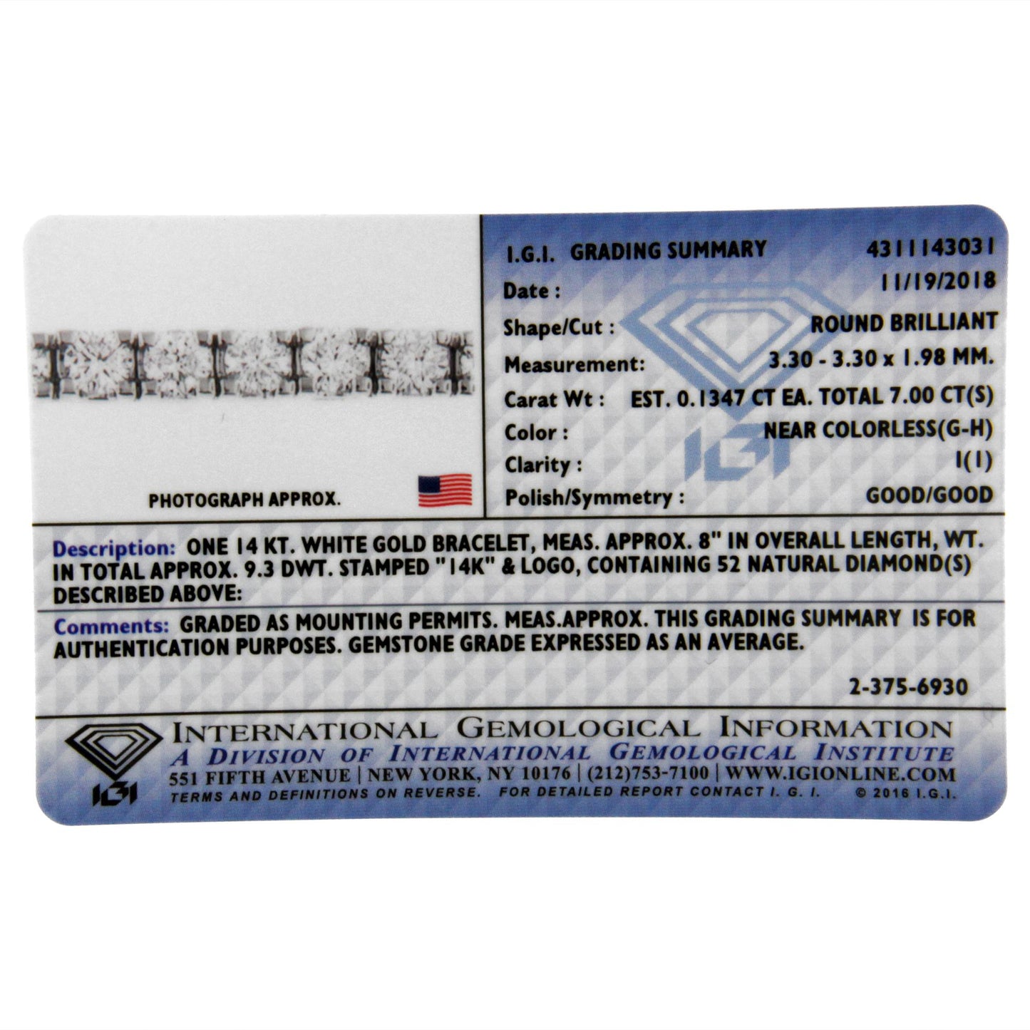 Close-up image of a white bracelet with round white gemstones in prong settings, shown flat on a certification card.