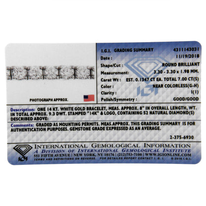 Close-up image of a white bracelet with round white gemstones in prong settings, shown flat on a certification card.