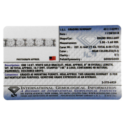 Image of a white bracelet with round white gemstones in prong settings shown in a close-up front view on an official grading card.