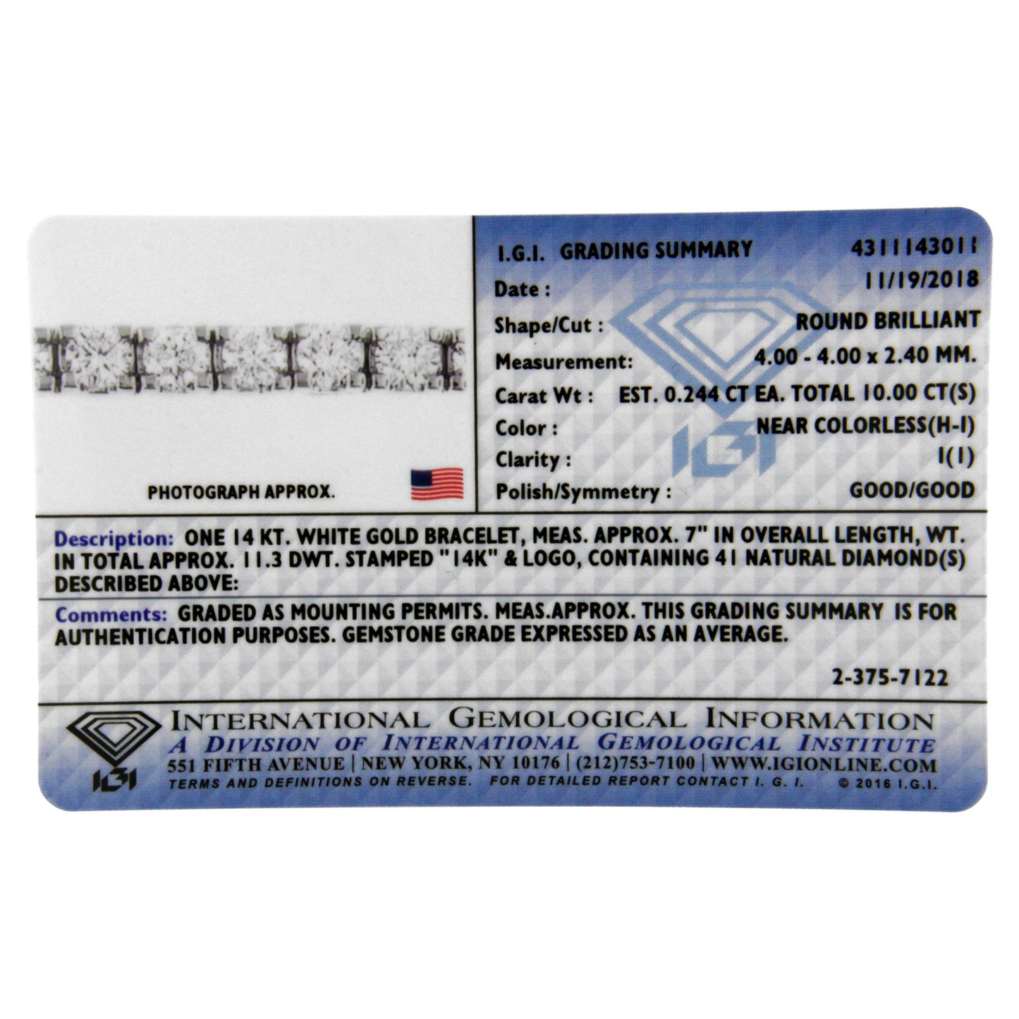 Alt text: Close-up image of a white metal bracelet with round white gemstones in prong settings, shown from a top-down angle on a grading summary card.