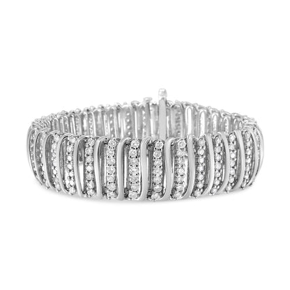 White metal bracelet with alternating curved links set with round white gemstones in prong settings, shown from front angle on white background.