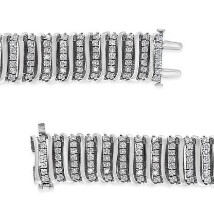 Close-up top view of a white metal bracelet with rows of round white gemstones in prong settings, showing the clasp details.