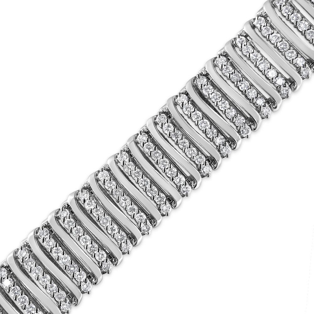 Close-up diagonal view of a white bracelet with multiple rows of round white gemstones set in prong settings creating a wave pattern.