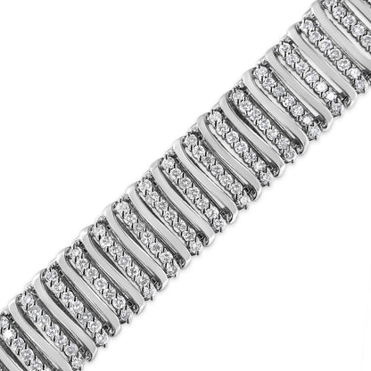 Close-up diagonal view of a white bracelet with multiple rows of round white gemstones set in prong settings creating a wave pattern.