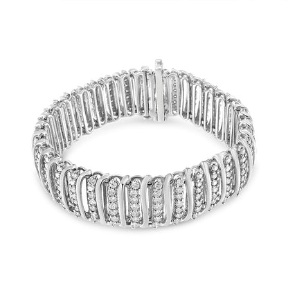 White metal bracelet with rows of round white gemstones in prong settings, shown in a front angle on a white background.