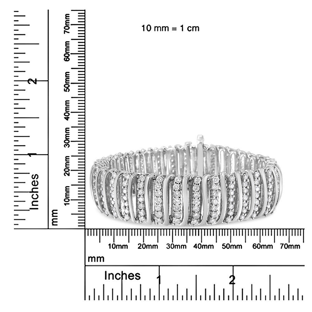White bracelet with rows of round white gemstones in prong settings, shown on a ruler for size reference, front-facing angle.