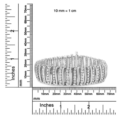 White bracelet with rows of round white gemstones in prong settings, shown on a ruler for size reference, front-facing angle.