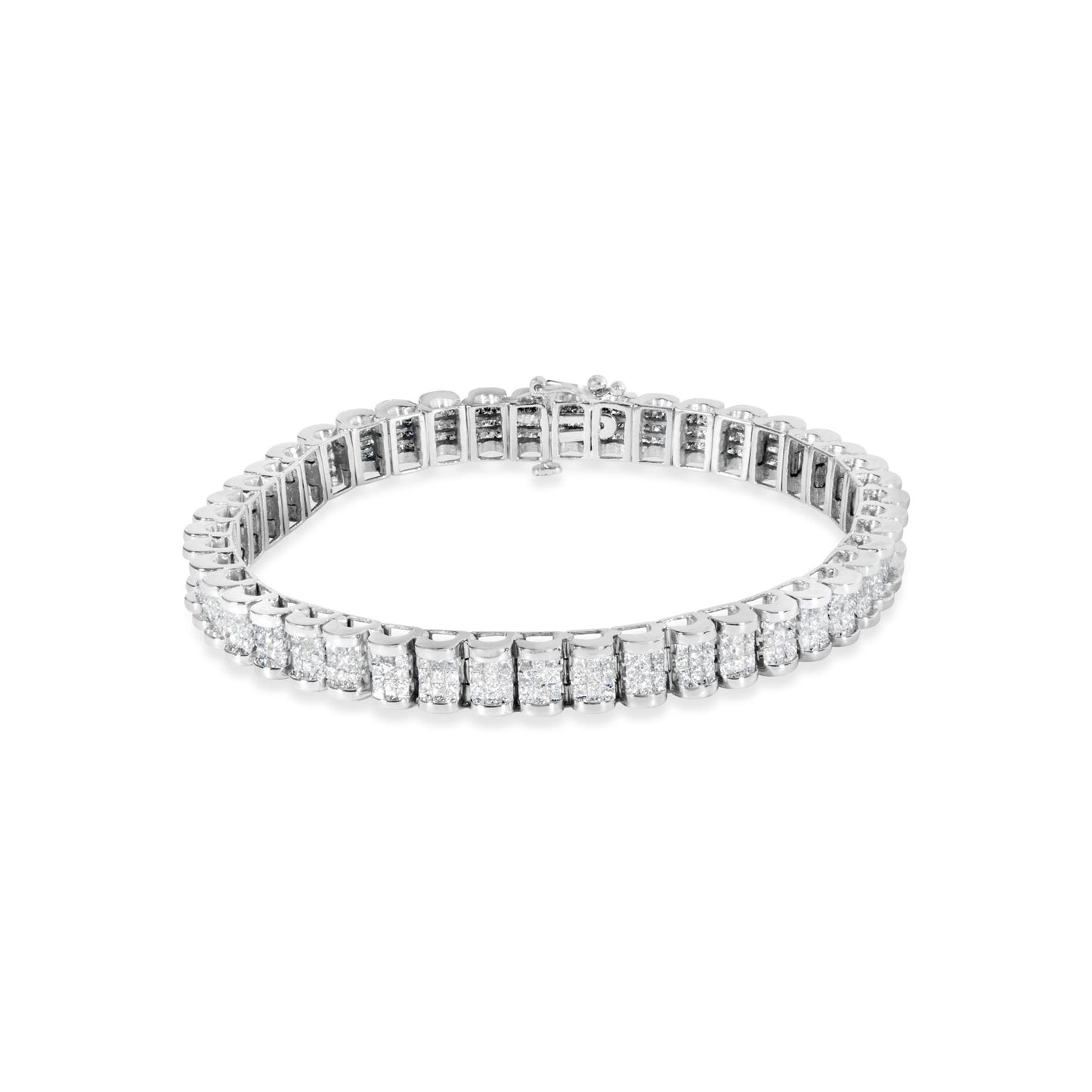 White metal bracelet with rectangular sections set with clusters of white gemstones in an invisible setting, shown from a top-front angle on a white background.